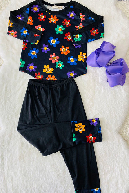 Smile face flower prints long sleeve top black pant 2pc girls sets XCH04006