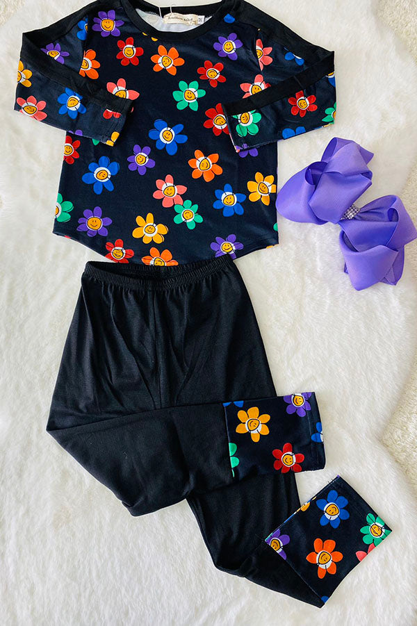 Smile face flower prints long sleeve top black pant 2pc girls sets XCH04006