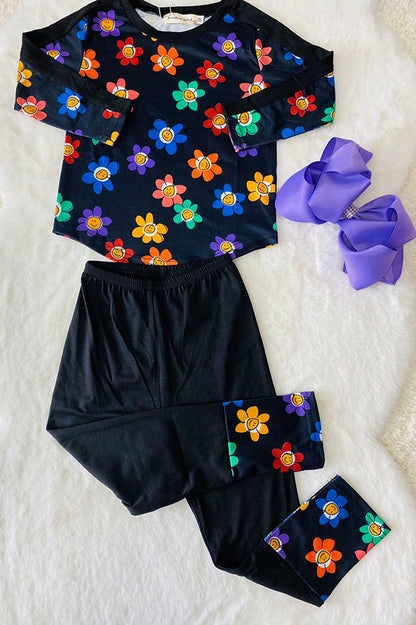 Smile face flower prints long sleeve top black pant 2pc girls sets XCH04006