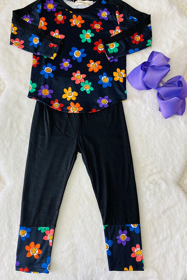 Smile face flower prints long sleeve top black pant 2pc girls sets XCH04006