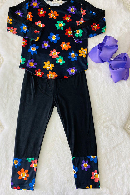 Smile face flower prints long sleeve top black pant 2pc girls sets XCH04006