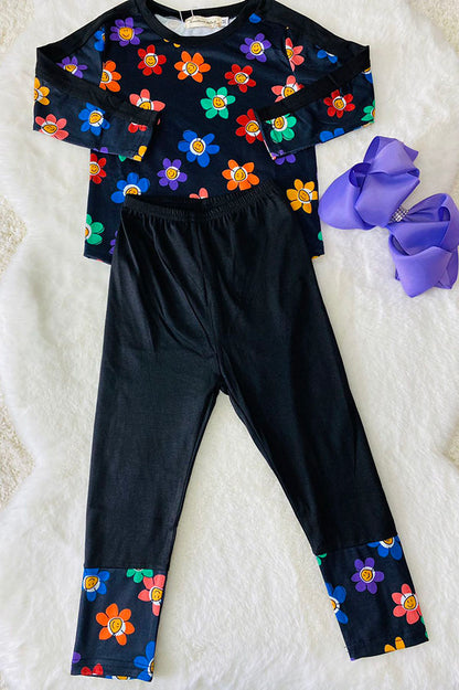 Smile face flower prints long sleeve top black pant 2pc girls sets XCH04006