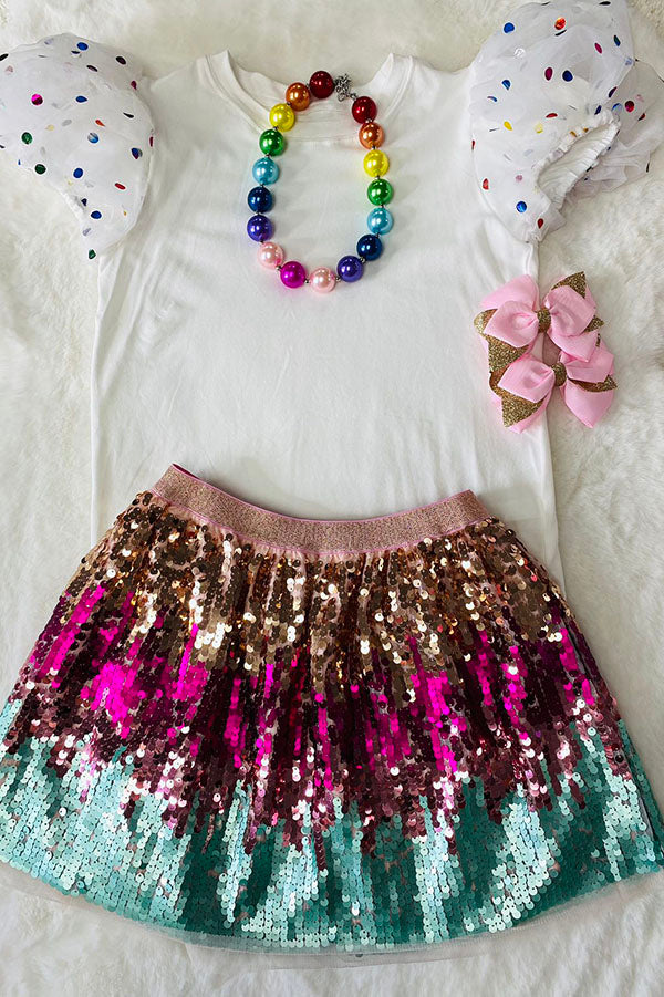 DLH2535 White lace sleeve top sparkle sequin skirt 2pc girls sets