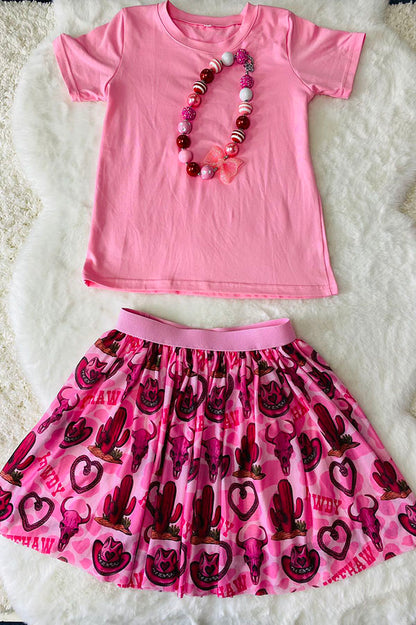 Western pink top & cowgirl mesh skirt girls boutique set DLH2783