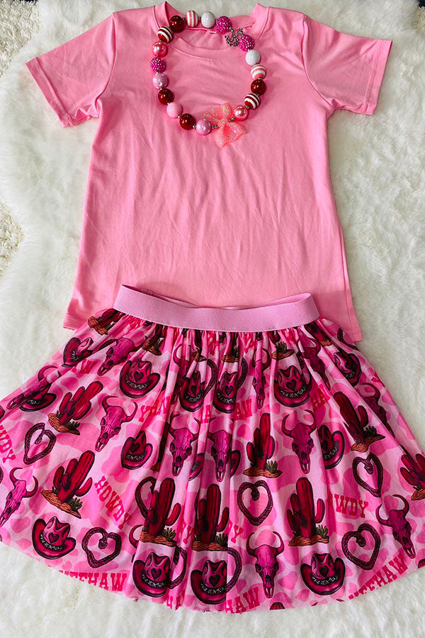 Western pink top & cowgirl mesh skirt girls boutique set DLH2783
