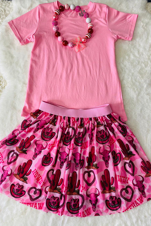 Western pink top & cowgirl mesh skirt girls boutique set DLH2783