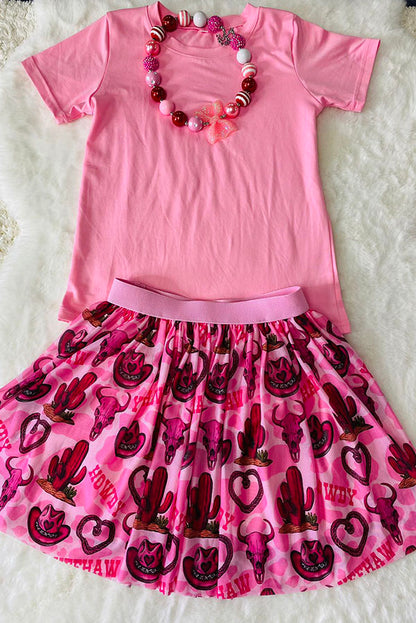Western pink top & cowgirl mesh skirt girls boutique set DLH2783