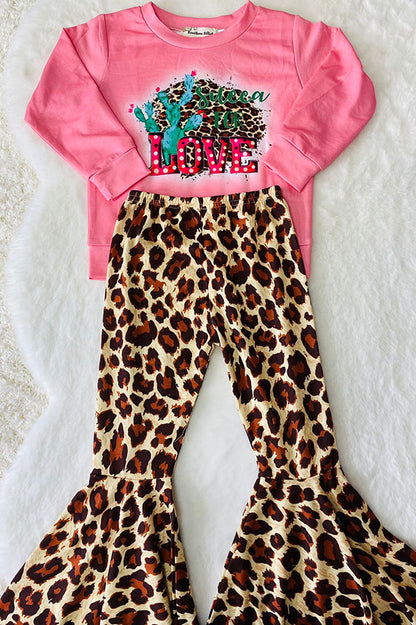 XCH0015-8H Cactus & leopard printed top leopard bell bottom girls sets