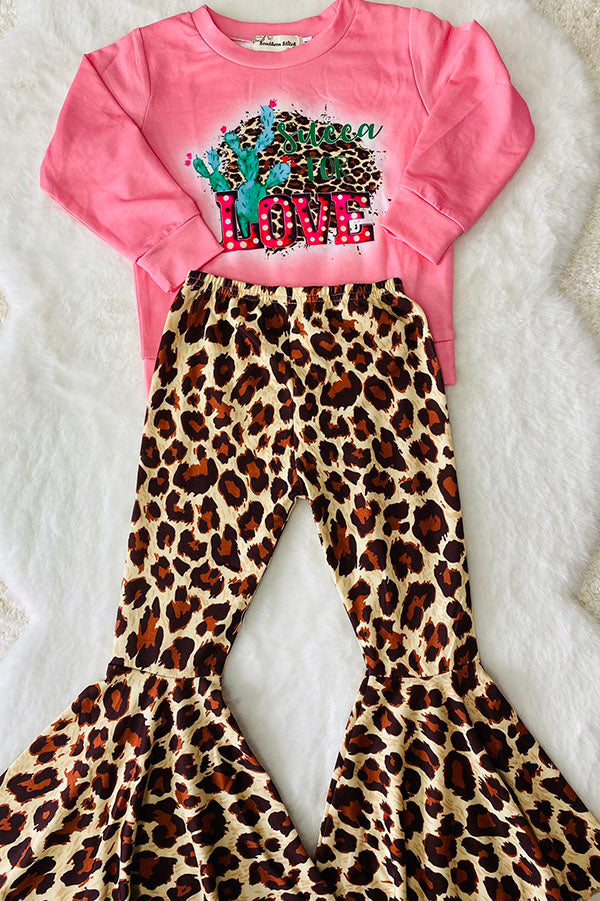 XCH0015-8H Cactus & leopard printed top leopard bell bottom girls sets