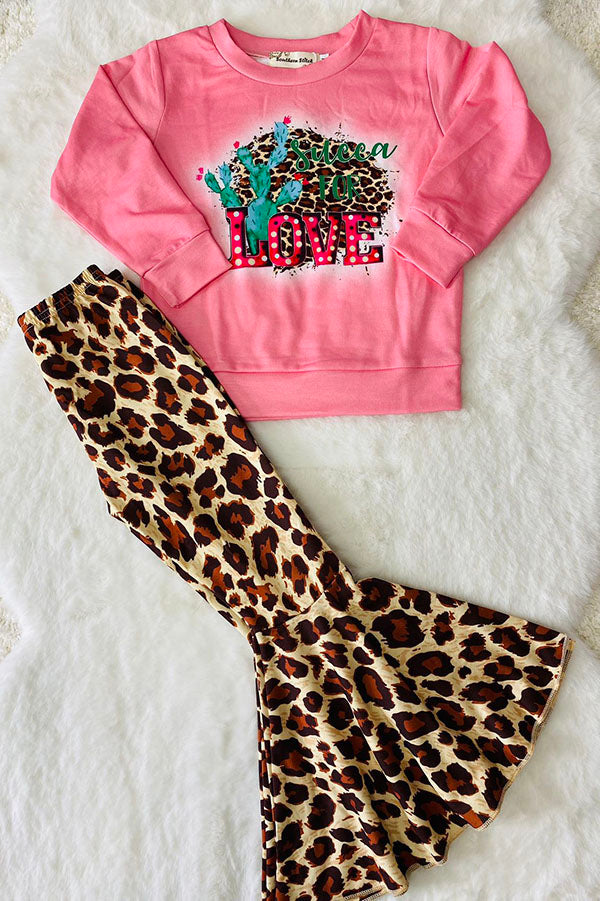 XCH0015-8H Cactus & leopard printed top leopard bell bottom girls sets