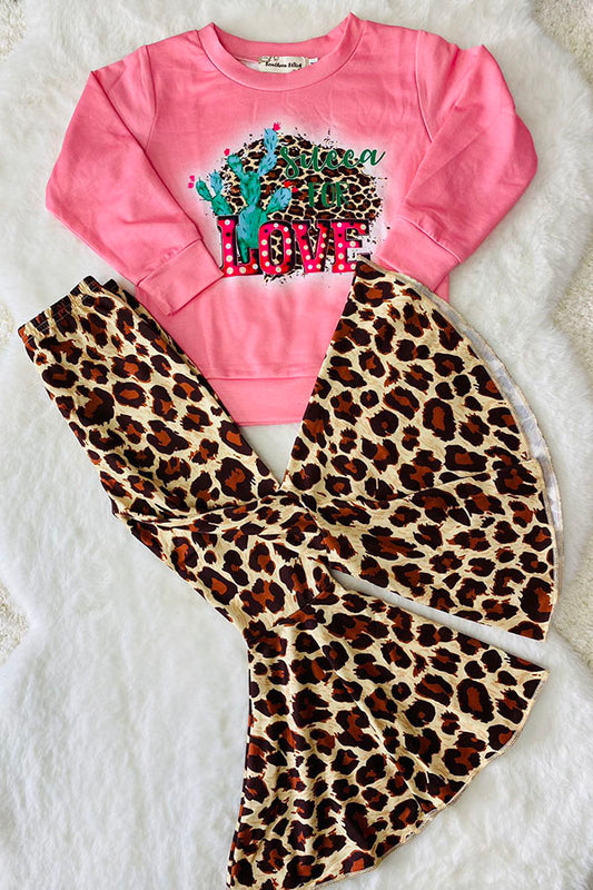 XCH0015-8H Cactus & leopard printed top leopard bell bottom girls sets