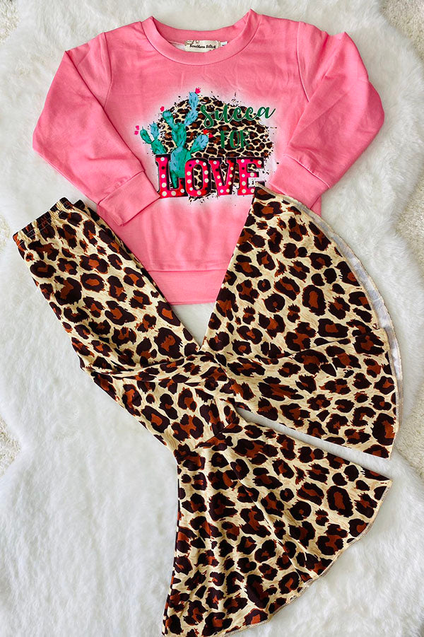 LOVE western top & leopard bell bottom 2pc girls sets XCH0015-8H