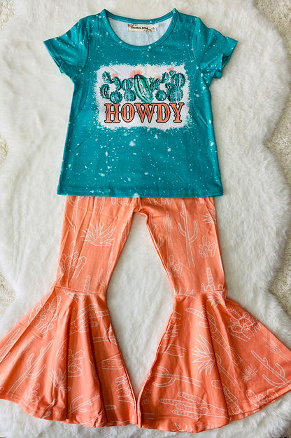 Western chic turquoise top & flare pant girls boutique sets XCH0666-27H