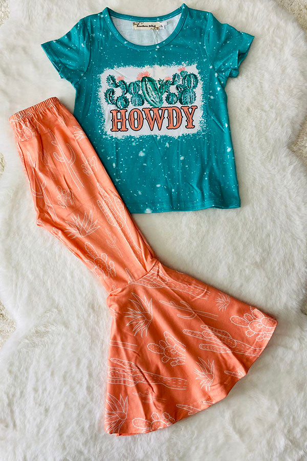 Western chic turquoise top & flare pant girls boutique sets XCH0666-27H