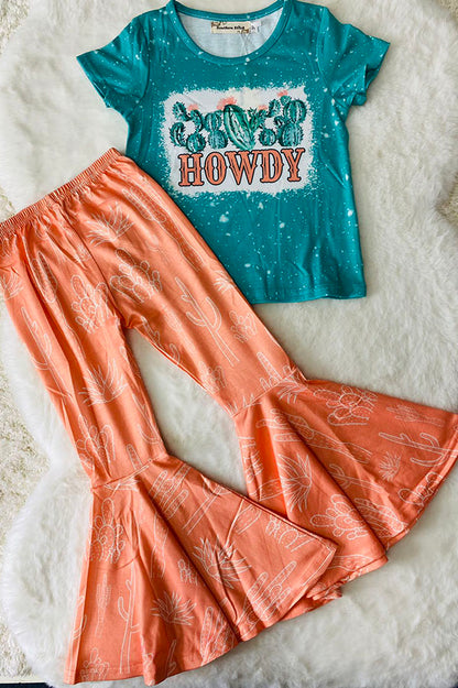 Western chic turquoise top & flare pant girls boutique sets XCH0666-27H