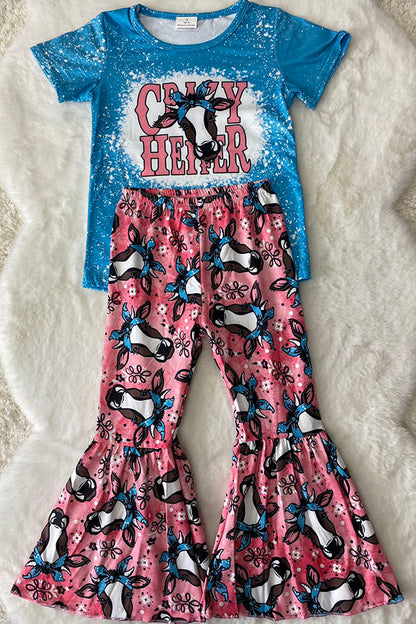 "CRAZY HEIFER" blue & pink cows 2 pc short sleeve set 1101WY