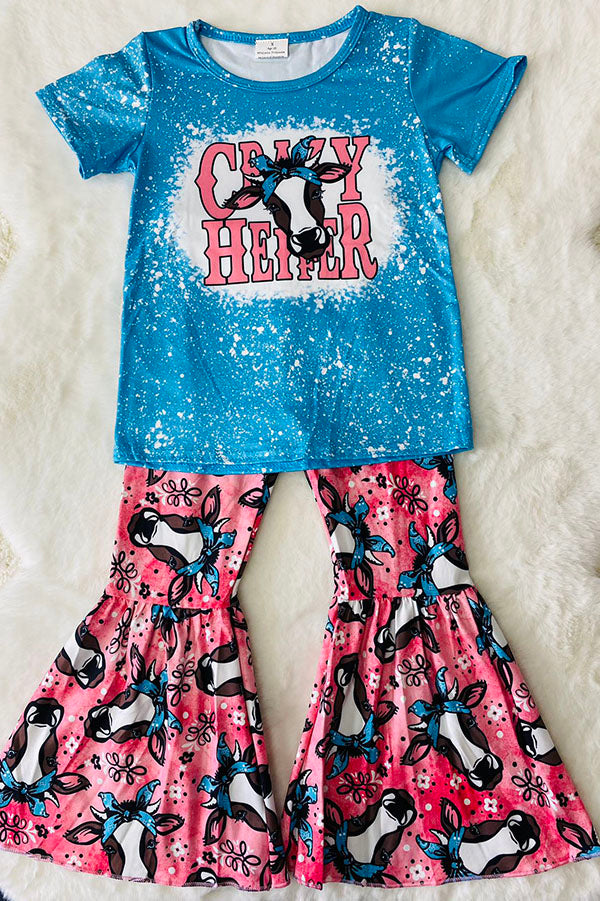 "CRAZY HEIFER" blue & pink cows 2 pc short sleeve set 1101WY