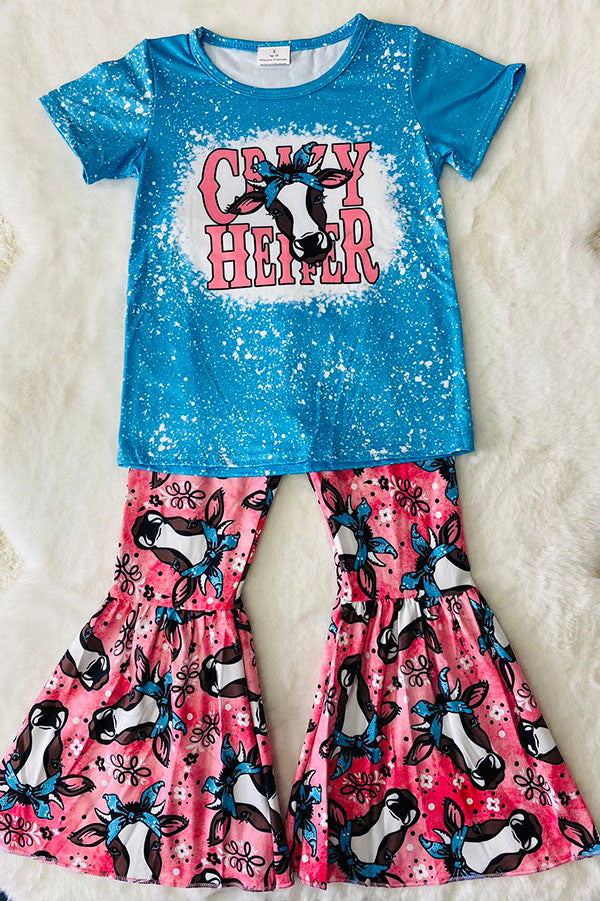 "CRAZY HEIFER" blue & pink cows 2 pc short sleeve set 1101WY