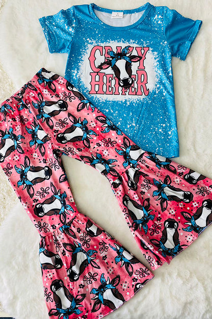 "CRAZY HEIFER" blue & pink cows 2 pc short sleeve set 1101WY