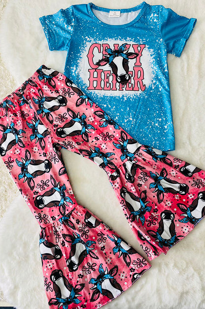 "CRAZY HEIFER" blue & pink cows 2 pc short sleeve set 1101WY