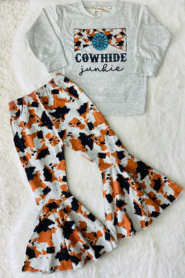 XCH0013-5H COWHIDE junkie cow prints top cow bell bottom pant girls sets