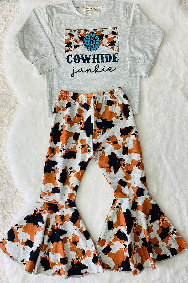 XCH0013-5H COWHIDE junkie cow prints top cow bell bottom pant girls sets