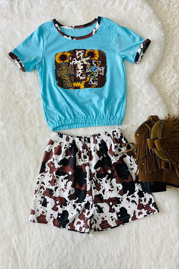 Western cow &sunflower blue t-shirt w/cow shorts girls boutique set DLH0923-37