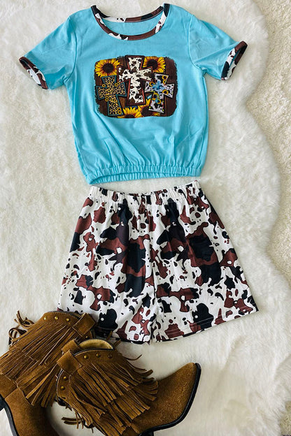 DLH0923-37 Crossed printed blue t-shirt w/cow shorts set