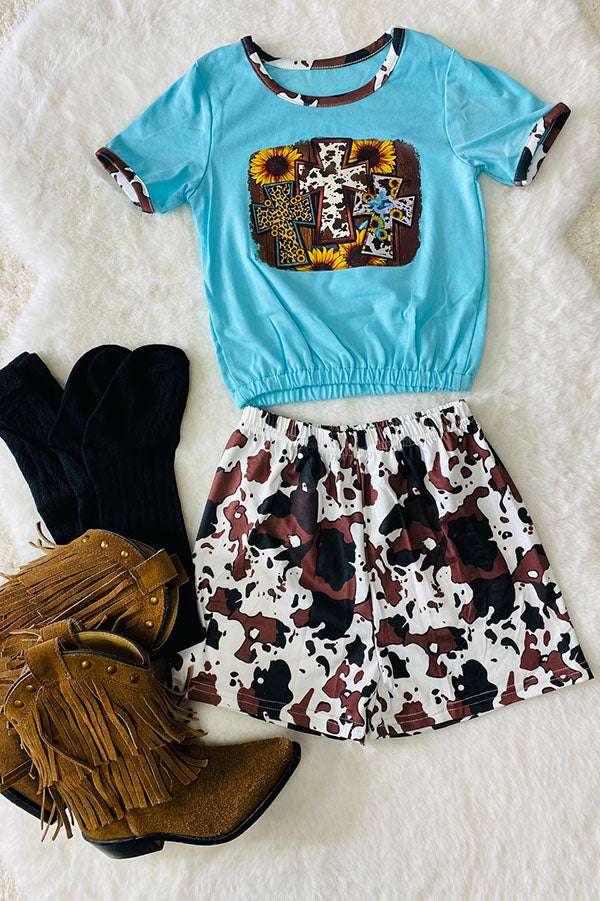 Western cow &sunflower blue t-shirt w/cow shorts girls boutique set DLH0923-37