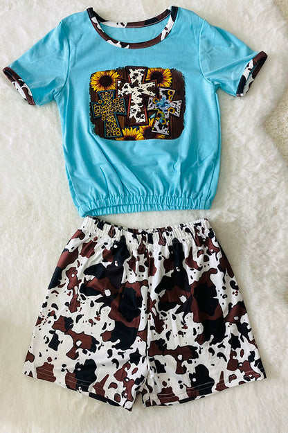 DLH0923-37 Crossed printed blue t-shirt w/cow shorts set