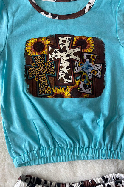 Western cow &sunflower blue t-shirt w/cow shorts girls boutique set DLH0923-37