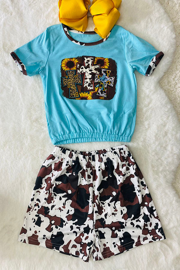 DLH0923-37 Crossed printed blue t-shirt w/cow shorts set