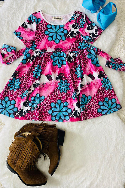 Turquoise jewel pink leopard print short sleeve dress with belt XCH0888-2H