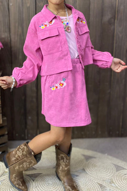 DLH2833 Corduroy floral embroidery coat & pink short sleeve top & emboridery skirt 3pc girls sets