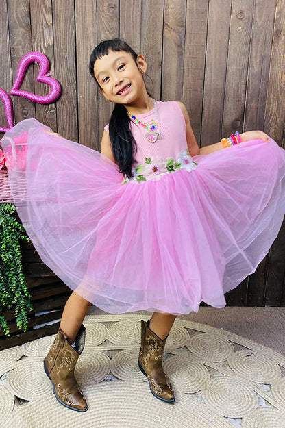 DLH2834 Pink knitted tank top & tulle princess girls  dress with/ floral embroidery