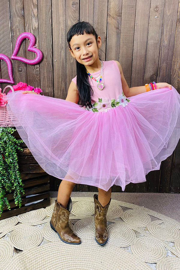 DLH2834 Pink knitted tank top & tulle princess girls  dress with/ floral embroidery