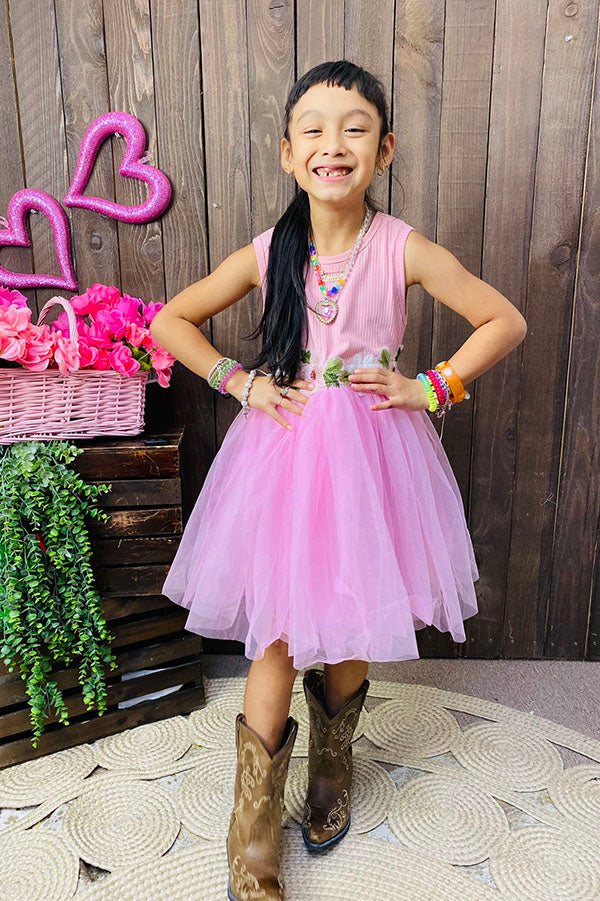 DLH2834 Pink knitted tank top & tulle princess girls  dress with/ floral embroidery