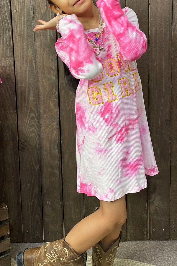 D2653 COWGIRL embroidery pink tie dye knit cotton long sleeve girls dress