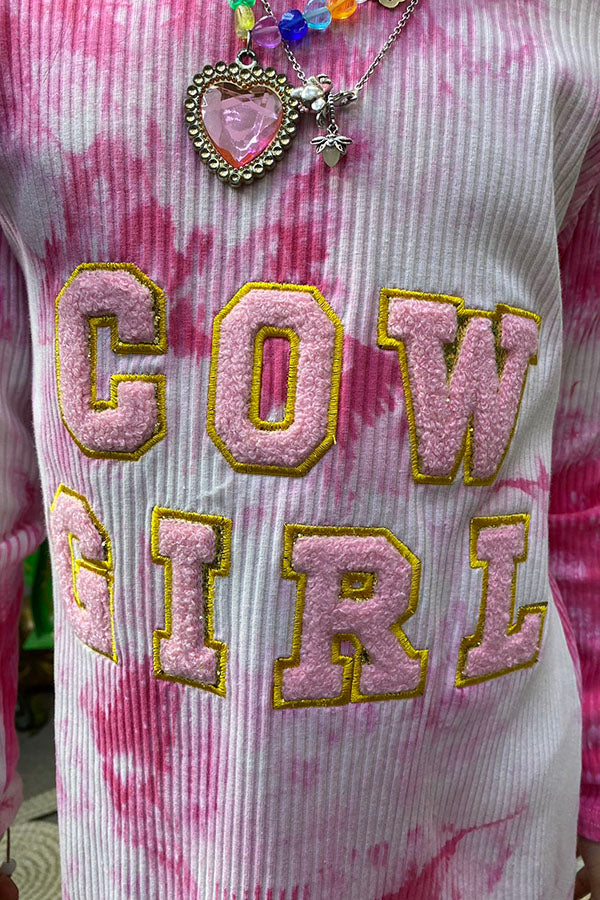D2653 COWGIRL embroidery pink tie dye knit cotton long sleeve girls dress