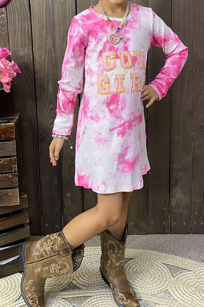 D2653 COWGIRL embroidery pink tie dye knit cotton long sleeve girls dress