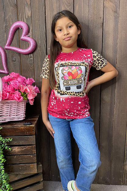 DLH2738 XOXO leopard & hearts printed short sleeve girls top