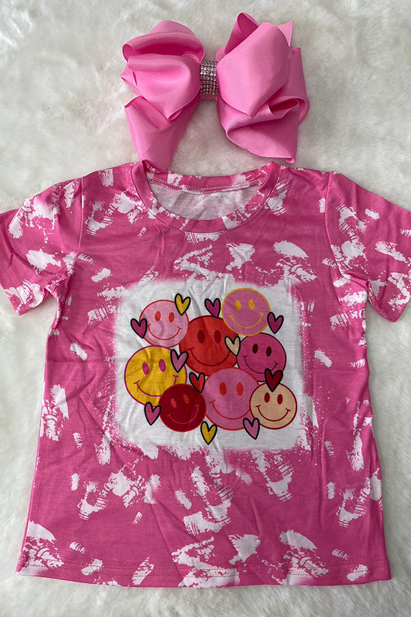 DLH2749 Kids Smile face printed pink short sleeve girls tops