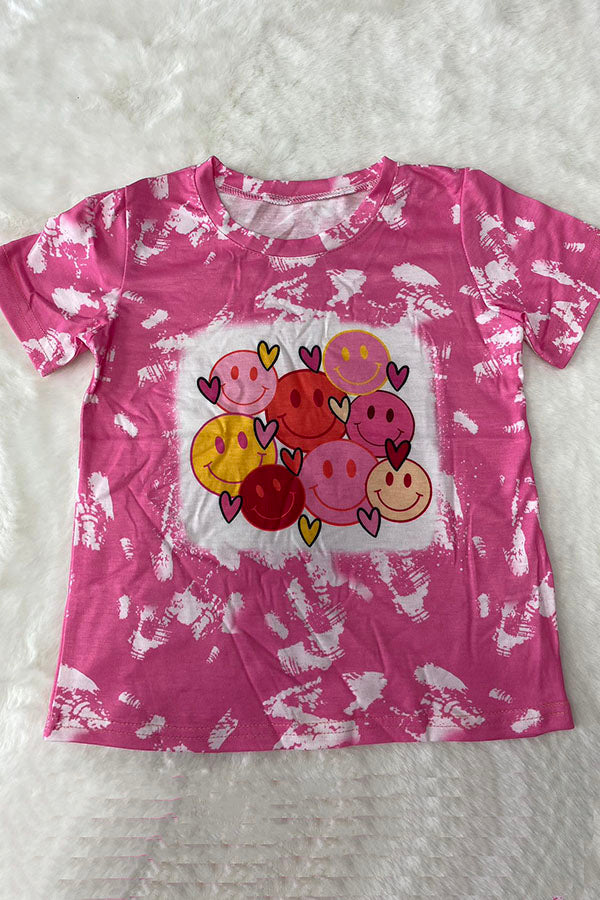 DLH2749 Kids Smile face printed pink short sleeve girls tops