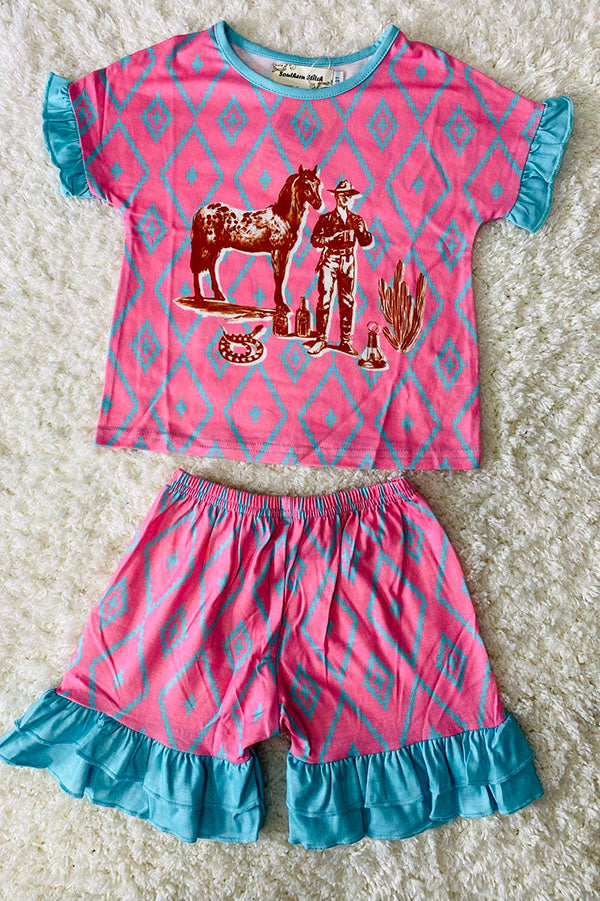 Western cowboy aztec & turquoise ruffle top & shorts girls boutique set XCH0777-15H