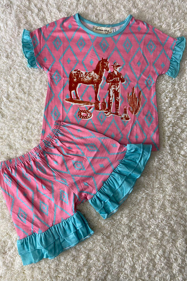 Western cowboy aztec & turquoise ruffle top & shorts girls boutique set XCH0777-15H