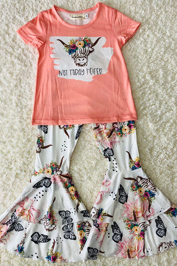 Western NOT TODAY HELFER & Bull top butterfly floral pant girls boutique set XCH0333-15H