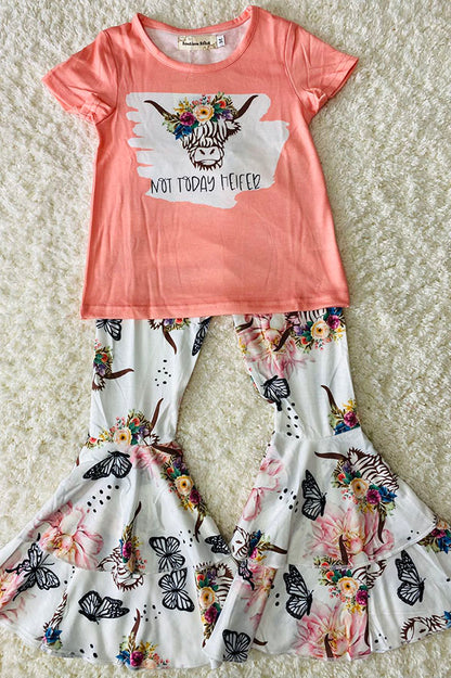 Western NOT TODAY HELFER & Bull top butterfly floral pant girls boutique set XCH0333-15H