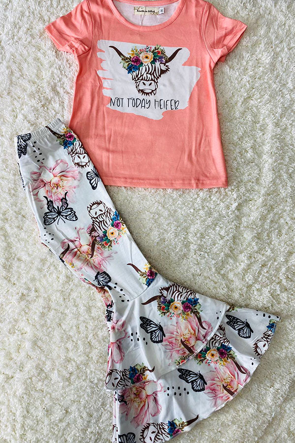 Western NOT TODAY HELFER & Bull top butterfly floral pant girls boutique set XCH0333-15H
