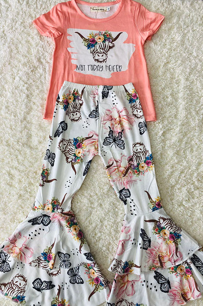 Western NOT TODAY HELFER & Bull top butterfly floral pant girls boutique set XCH0333-15H