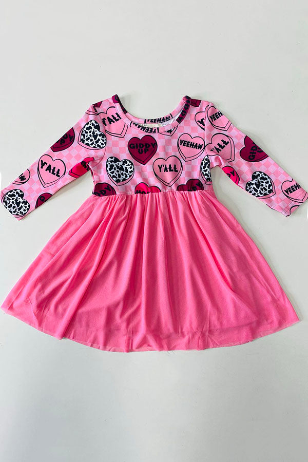 XCH0017-16H Girls hearts printed pink tulle long sleeve dress